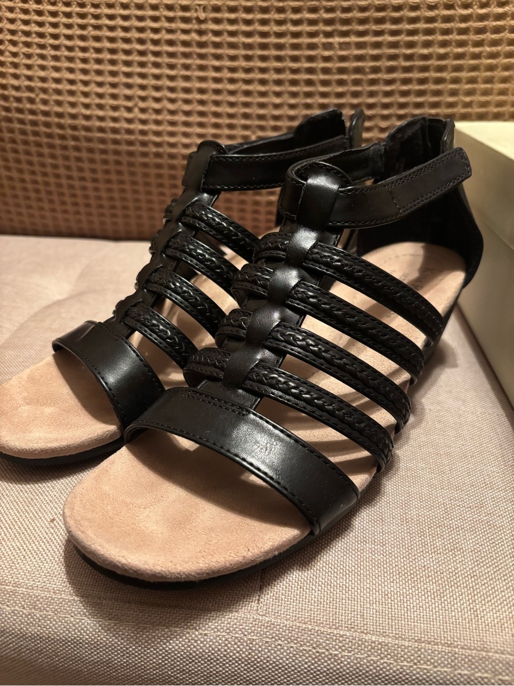 Kim Rogers Black Strappy Braided Gladiator Wedge Sandals
